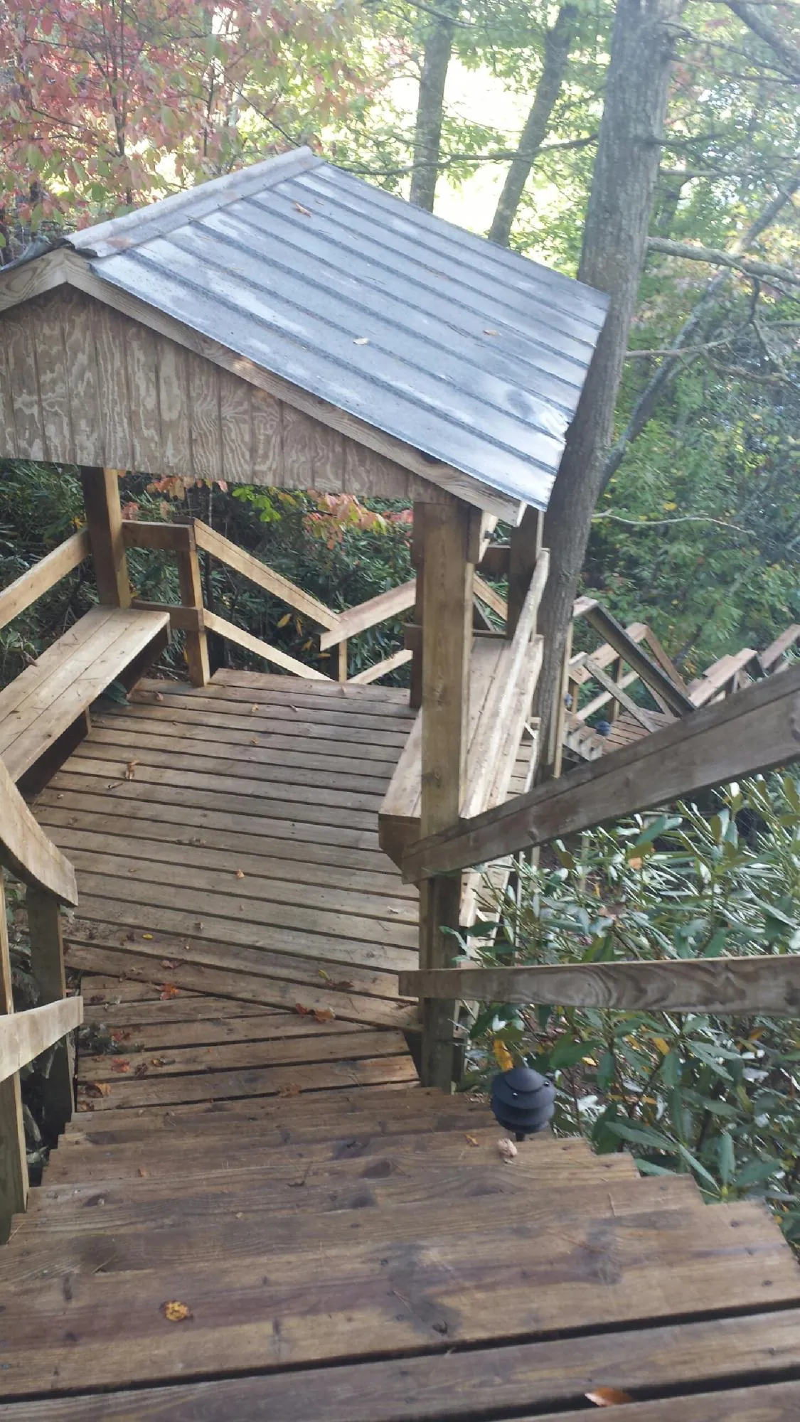 Metal roofed shelter over wooden steps on a wooded walkway — Skylight Repair & Installation work by our crew in Troutdale